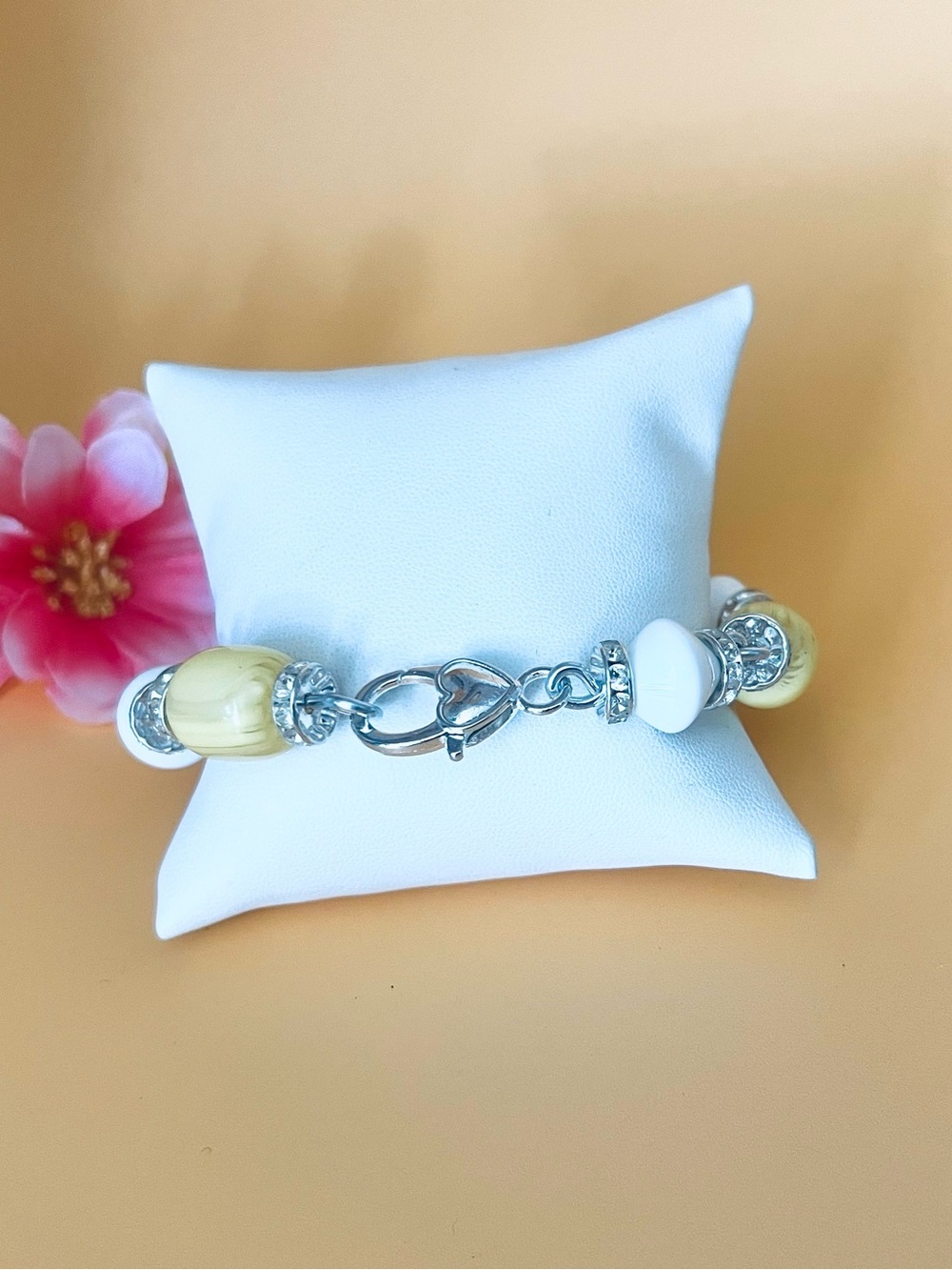 Elegant Yellow and White Lucite Bead Charm Bracelet